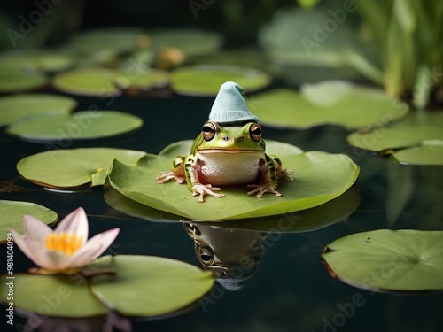 tiny frog wearing a tiny hat, sitting on a lily pad in a pond, looking whimsical and full of personality.