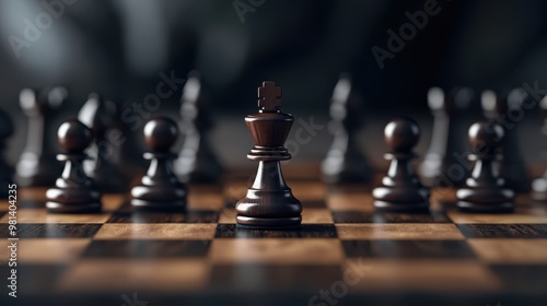 A close-up of a chessboard featuring a prominent king piece surrounded by pawns, ideal for articles on strategy, competition, or game theory, as well as educational materials on chess,