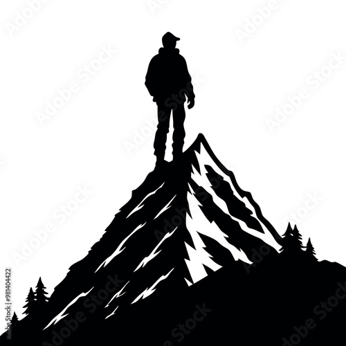 a black silhouette of a person standing on top of a mountain. The person is facing away from the camera and appears to be looking towards the right side of the image