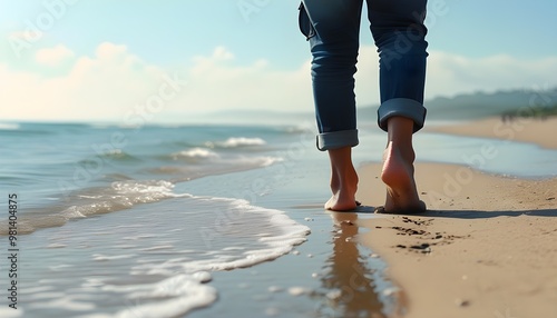 Serene beach stroll with gentle waves and a vibrant sky in the backdrop photo