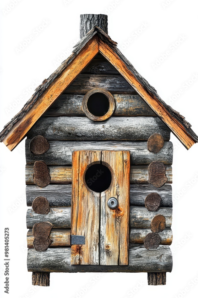 Charming wooden birdhouse made from logs, featuring a rustic design with a small entrance and a sloped roof, white background Charming wooden birdhouse made from logs, featuring a rustic design with a small entrance and a sloped roof, white background