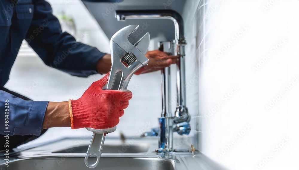 A plumber in red gloves uses a wrench to fix a kitchen faucet. A plumber in red gloves uses a wrench to fix a kitchen faucet.