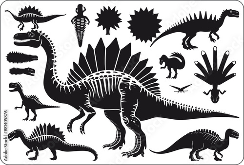 Digital illustration of a set of silhouettes of dinosaurs on a white background, Big set of dinosaurs silhouettes.