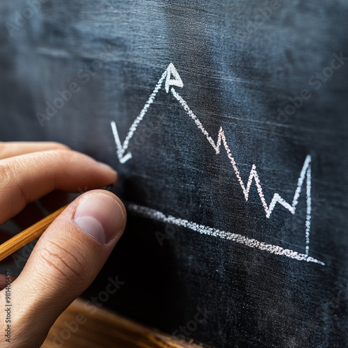 Hand drawing a white chalk line graph on a black chalkboard.