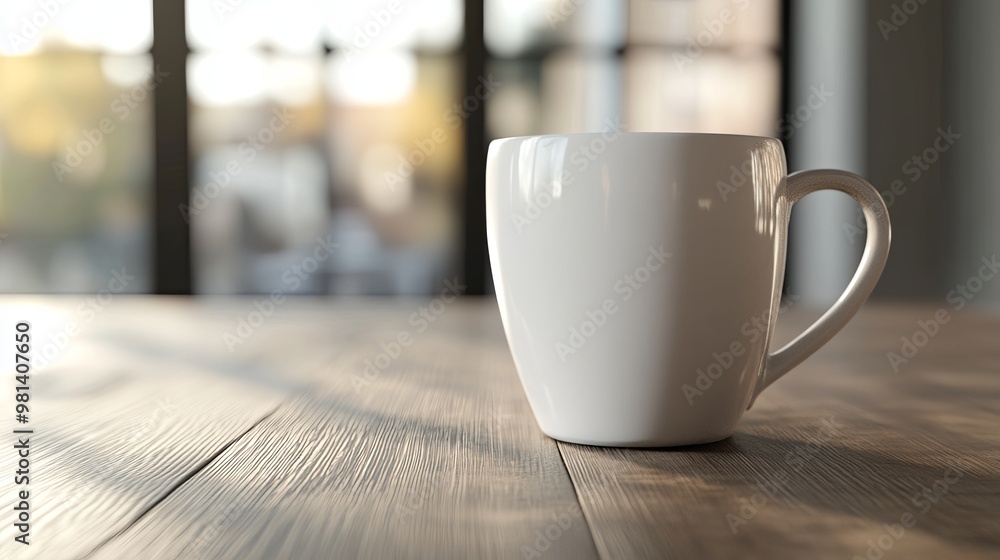 Fototapeta premium A simple white mug sits on a wooden table, illuminated by soft natural light, suggesting a cozy atmosphere.