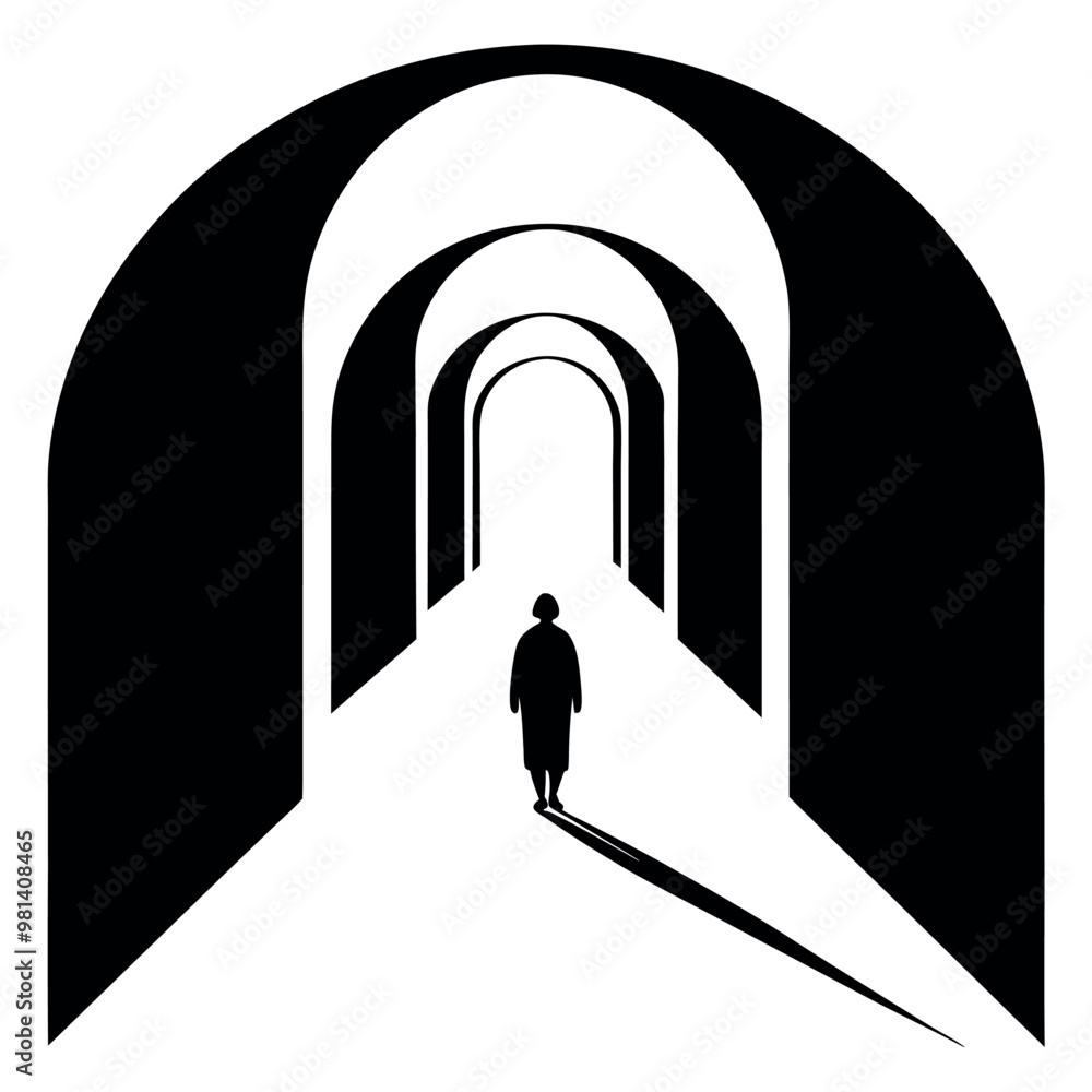 a long, arched corridor with a person walking in the center. The corridor is made up of multiple arches on either side