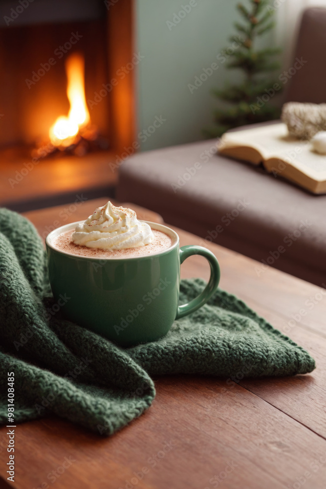 A green cup of cocoa, hot chocolate or coffee with whipped cream on a wooden table with green knitted plaid in front of a Christmas tree. Merry Christmas or New Year concept for banner with copy space A green cup of cocoa, hot chocolate or coffee with whipped cream on a wooden table with green knitted plaid in front of a Christmas tree. Merry Christmas or New Year concept for banner with copy space