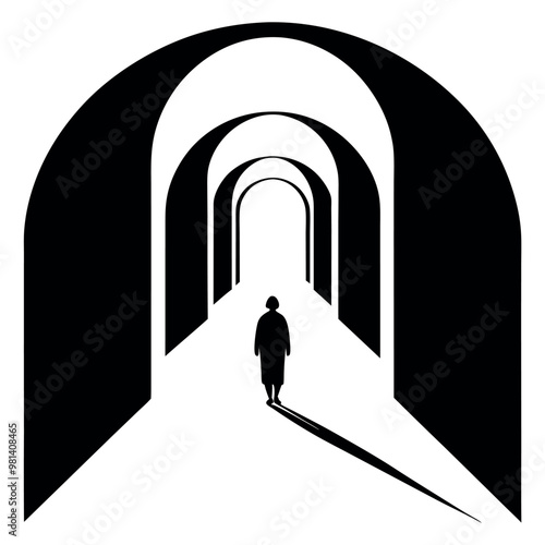 Obraz na płótnie a long, arched corridor with a person walking in the center. The corridor is made up of multiple arches on either side w salonie