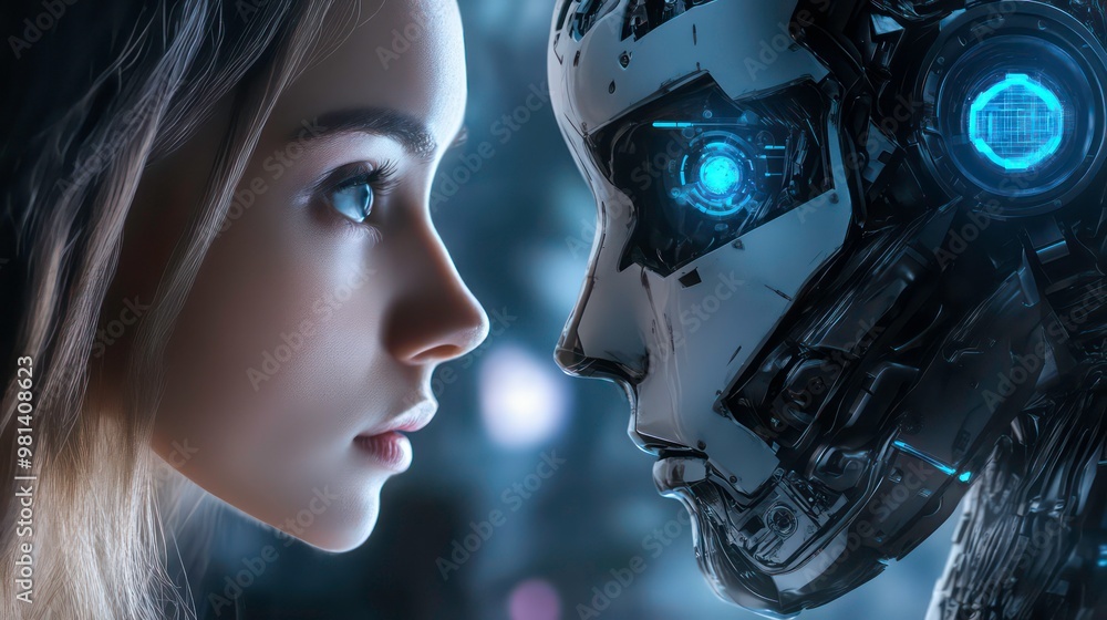 A woman stares intently at a robot with a glowing blue eye, representing the future of artificial intelligence. A woman stares intently at a robot with a glowing blue eye, representing the future of artificial intelligence.