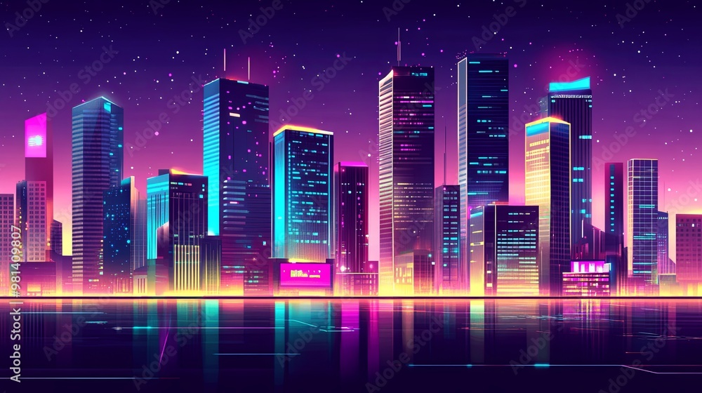 A vibrant, futuristic city skyline illuminated by neon lights against a starry night sky, reflecting on water. A vibrant, futuristic city skyline illuminated by neon lights against a starry night sky, reflecting on water.