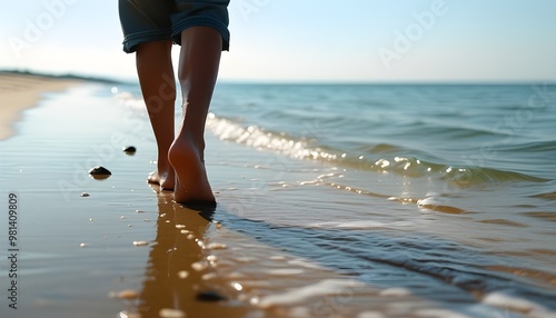 Serene beach stroll with gentle waves and a vibrant sky in the backdrop photo