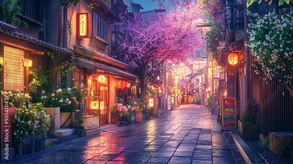 Fototapeta premium A serene street scene illuminated by lanterns, with cherry blossoms and vibrant flowers, evoking a peaceful, cultural atmosphere.