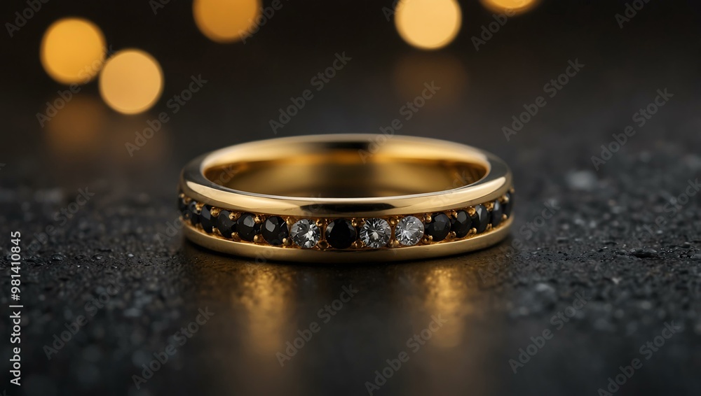 Gold wedding band with black and clear diamonds, glowing with a golden bokeh effect. Gold wedding band with black and clear diamonds, glowing with a golden bokeh effect.