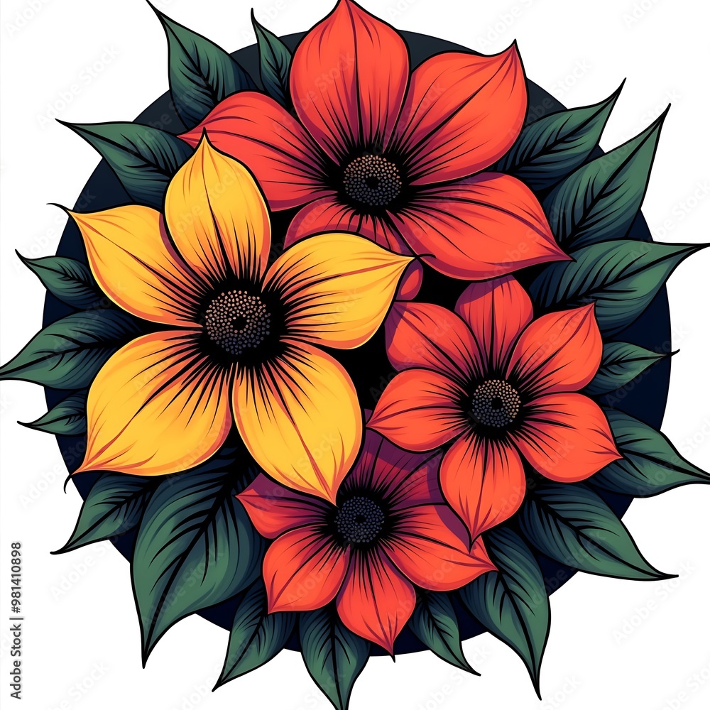 art of bold, abstract flowers in sharp angular designs with vibrant hues and black accents. Generative AI. art of bold, abstract flowers in sharp angular designs with vibrant hues and black accents. Generative AI.