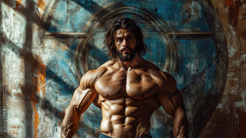 A muscular depiction of Jesus in a bodybuilder pose, standing before an ancient mural photo