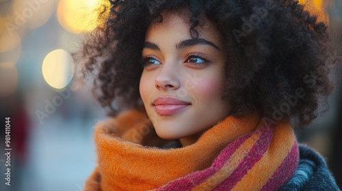 peaceful self-care routine of a woman with curly hair wearing a scarf ideal for depicting mental health care, relaxation, and lifestyle balance