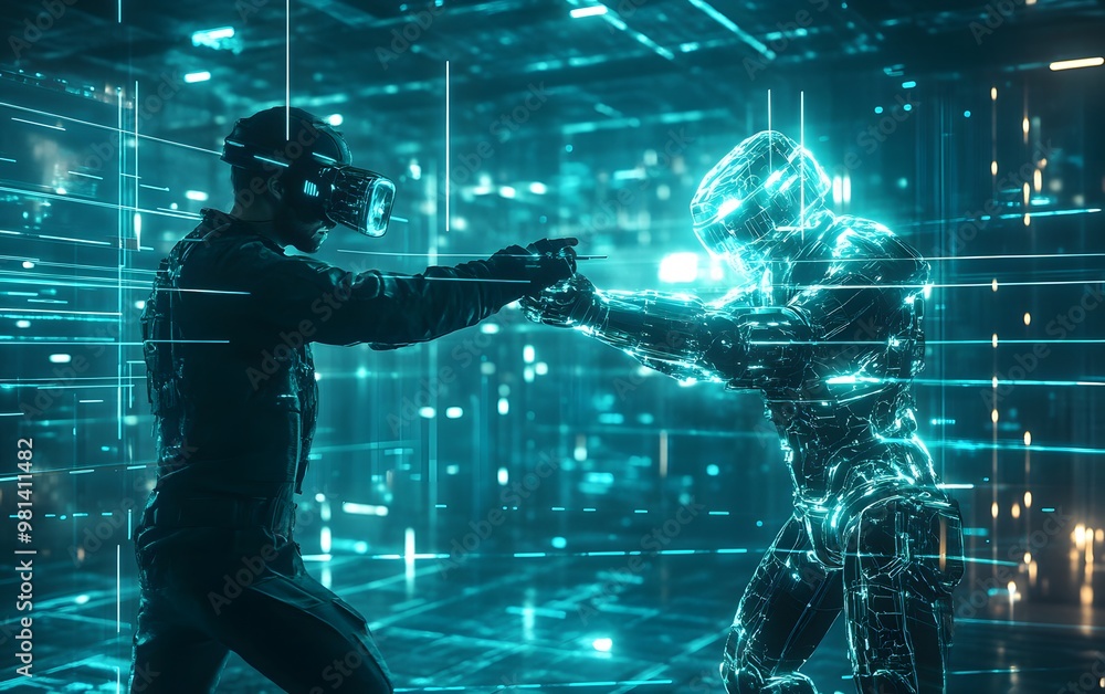 Obraz premium Futuristic confrontation between a person and a robot in a high-tech digital environment, showcasing advanced technology and virtual reality.