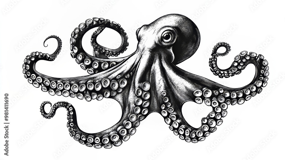 Obraz premium A detailed drawing of an octopus tentacle, perfect for a seafood-themed t-shirt design. The illustration is done in black and white, giving it a vintage, engraved look.