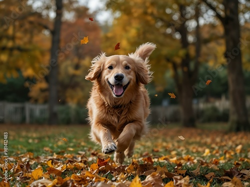 Golden Retriever jumping joyfully among autumn leaves.