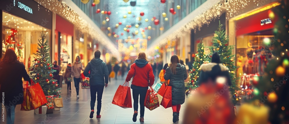 Obraz premium A bustling shopping street adorned with Christmas decorations and festive lights, filled with joyful holiday shoppers.