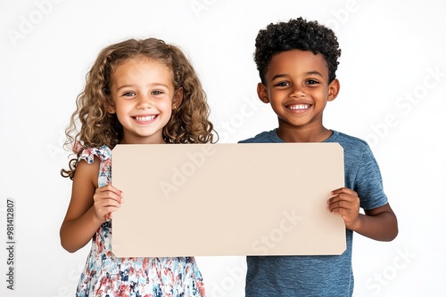 Wallpaper Mural A happy child holding a blank sign, smiling brightly, with space on the sign for custom text. Perfect for kid-themed messages or announcements Torontodigital.ca