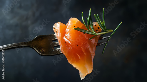 A fork holding a piece of smoked salmon. The fish is garnished with rosemary and photographed against a dark background.