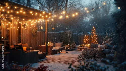 Winter terrace with twinkling fairy lights hanging above a wooden patio, wicker furniture, and a snow-covered backyard.