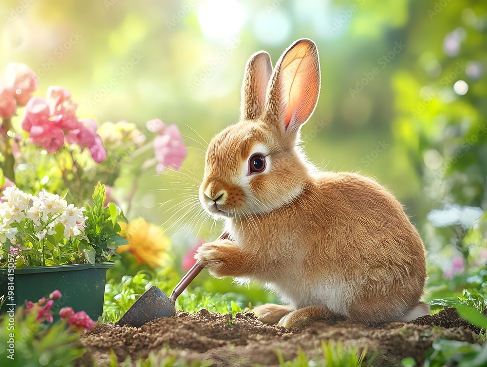 Fototapeta premium A Cute Furry Rabbit Gardening in a Lush Green Environment