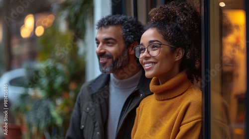 young couple making a real estate decision while viewing a property window display perfect for showcasing the excitement of finding a dream home