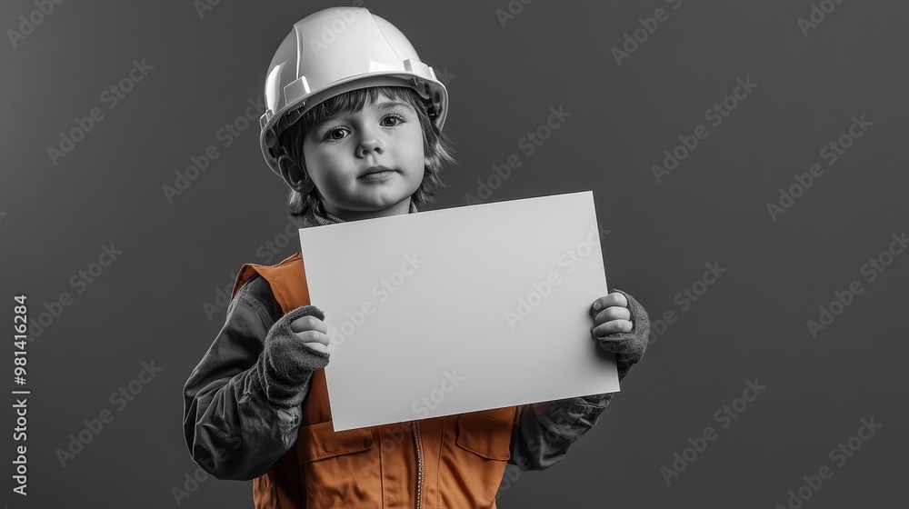Child in a construction worker outfit holding a blank sign Child in a construction worker outfit holding a blank sign