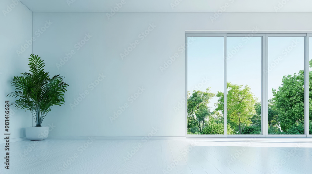 Fototapeta premium Empty room with large window, green trees, and a potted plant