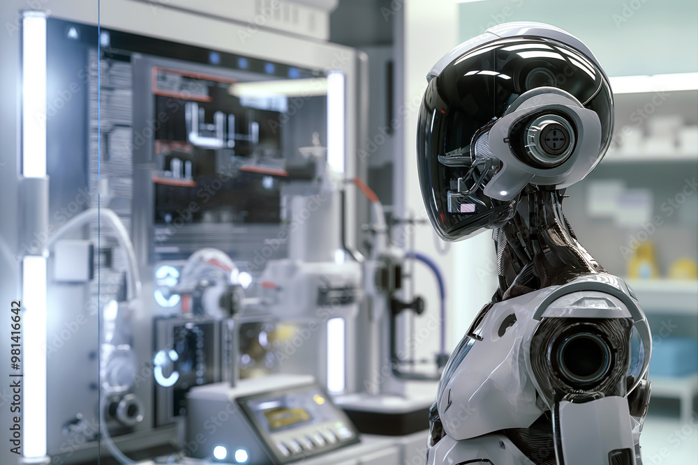 Futuristic android robot with a sleek metallic body standing in a high-tech laboratory with advanced equipment in the background. Futuristic android robot with a sleek metallic body standing in a high-tech laboratory with advanced equipment in the background.