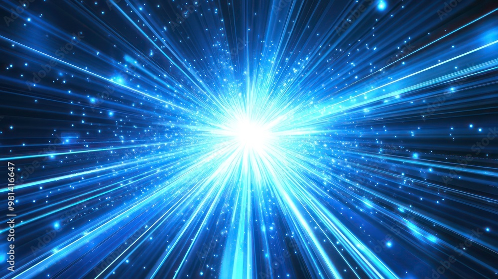 Abstract background of blue and white light rays radiating from a bright center. Abstract background of blue and white light rays radiating from a bright center.