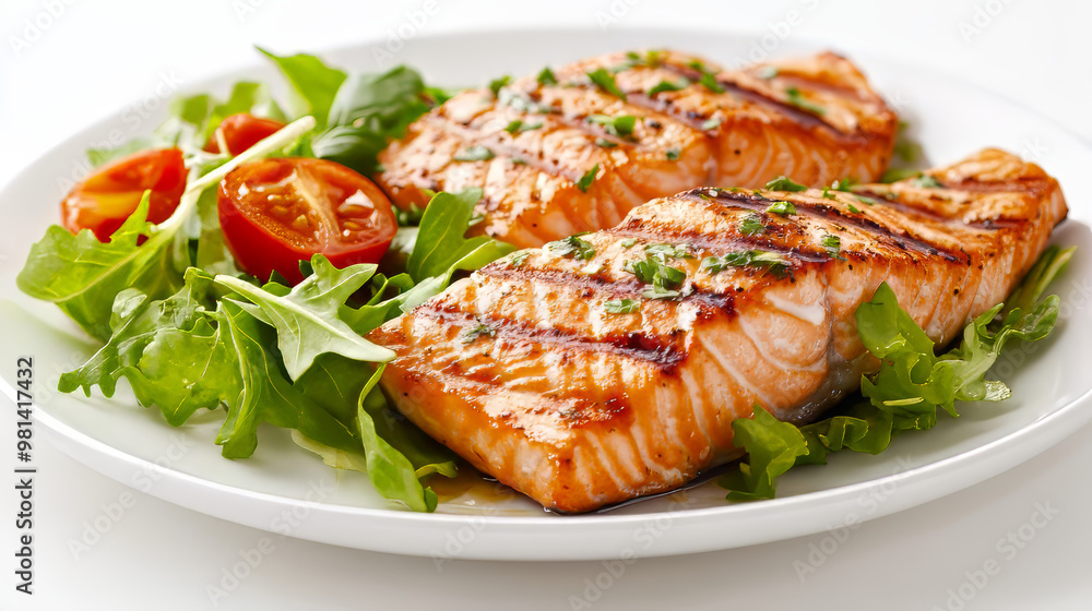 A plate of grilled salmon fillets, served with a side salad. It's a vegetarian BBQ dinner, photographed against a white backdrop. A plate of grilled salmon fillets, served with a side salad. It's a vegetarian BBQ dinner, photographed against a white backdrop.
