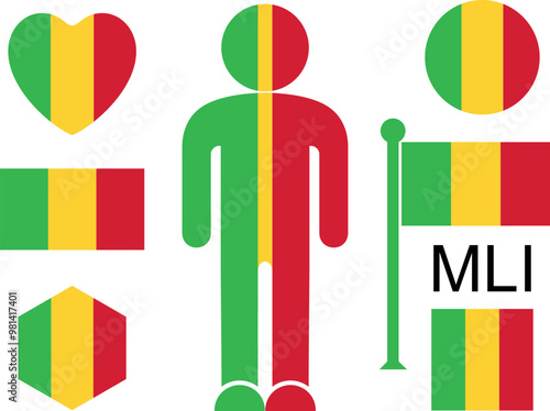 Malian flag set. Isolated Malian flag on white background
