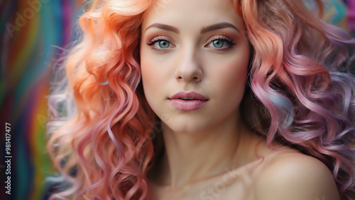A pale woman in a strapless dress, hazel eyes, long swirling vibrant colorful pastel hair.