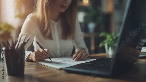  adult woman with shoulder-length hair is arranging a meeting at her desk, writing down agenda points in a notebook while checking her calendar on the computer.