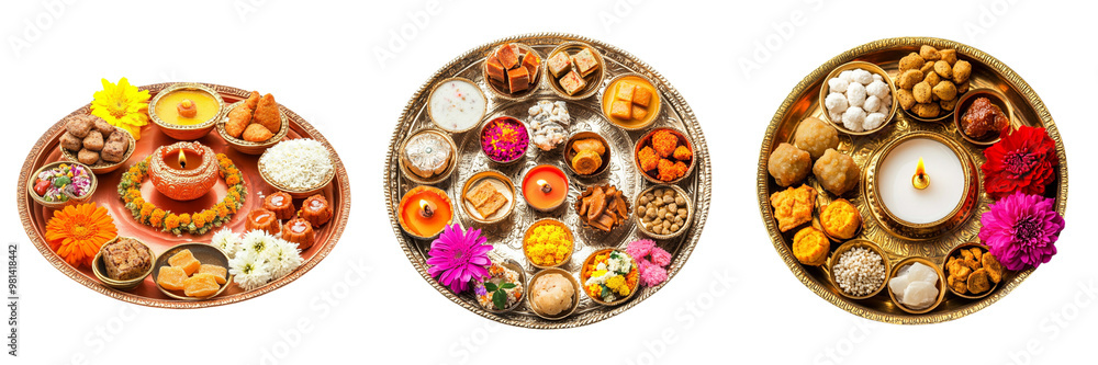Set of A decorative thali (plate) with Diwali offerings including sweets, flowers, and a small diya isolated on transparent background Set of A decorative thali (plate) with Diwali offerings including sweets, flowers, and a small diya isolated on transparent background