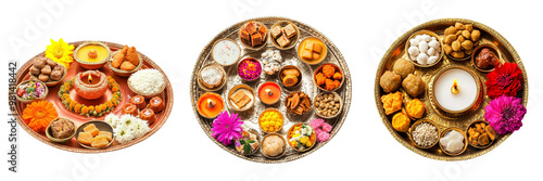 Set of A decorative thali (plate) with Diwali offerings including sweets, flowers, and a small diya isolated on transparent background