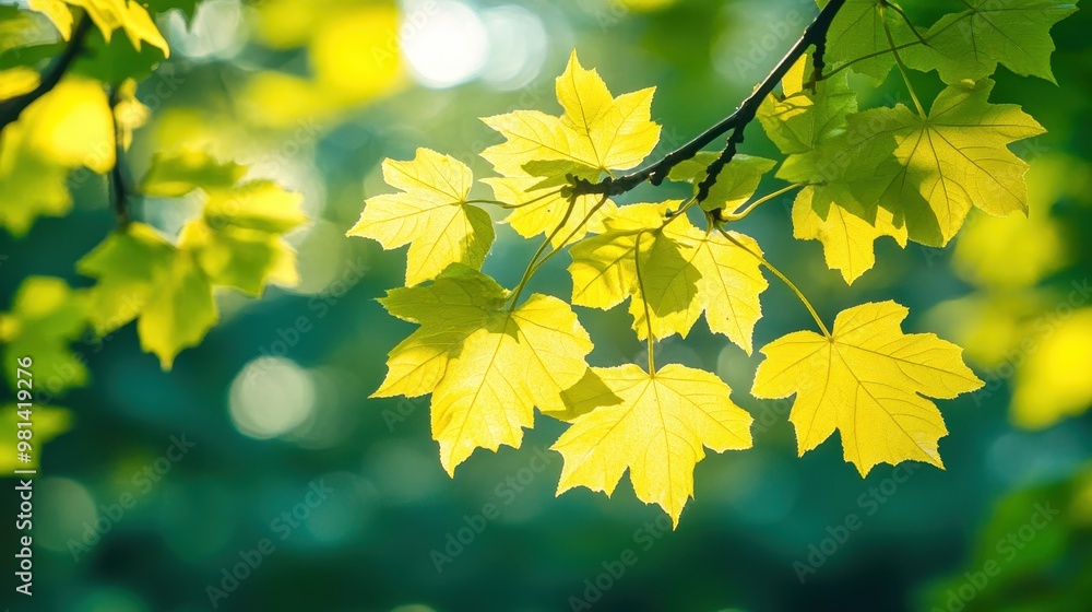 Backlit yellow maple leaf hanging from branch in autumn Backlit yellow maple leaf hanging from branch in autumn