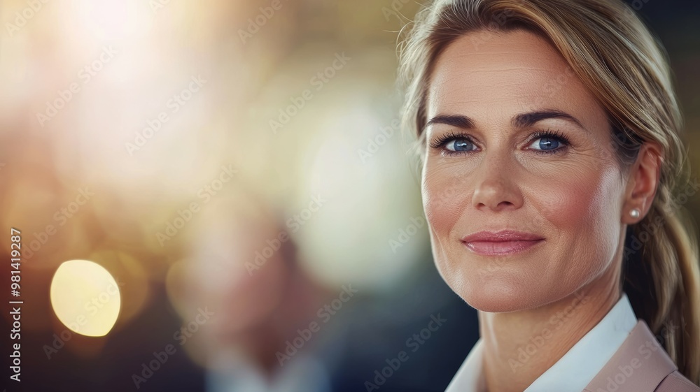 A woman with a smile on her face is standing in front of a blurry background A woman with a smile on her face is standing in front of a blurry background