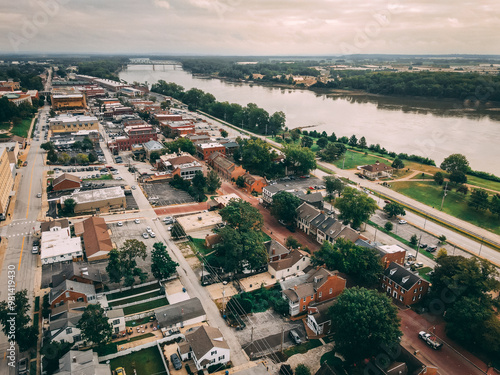 Old town brick road with brown buildings