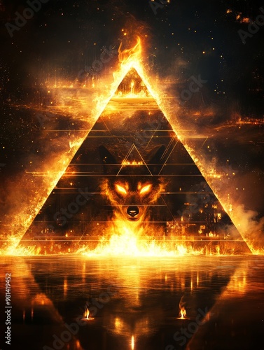 Geometric Wolf in Fire with Burning Pyramid Candles