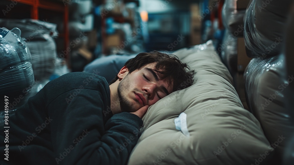 Obraz premium warehouse worker sleeping on a pillow among stacked bags ideal for showcasing workplace fatigue and relaxation in a busy storage background