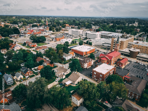 Old town brick road with brown buildings