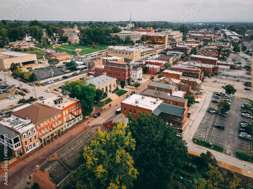 Old town brick road with brown buildings