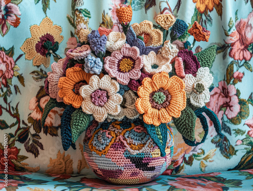 A colorful bouquet of crocheted flowers displayed in a blue vase. The intricate yarn work mimics a variety of flower shapes and colors, creating a vibrant, handmade scene. photo