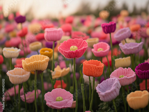 A colorful bouquet of crocheted flowers displayed in a blue vase. The intricate yarn work mimics a variety of flower shapes and colors, creating a vibrant, handmade scene. photo