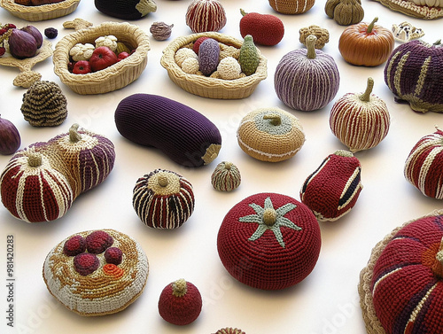 A variety of crocheted vegetables such as eggplants, tomatoes, and artichokes, arranged in a vibrant and playful display.  photo