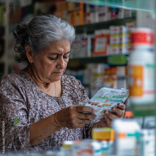 Concerned elderly Latin woman buying medicine at the local pharmacy